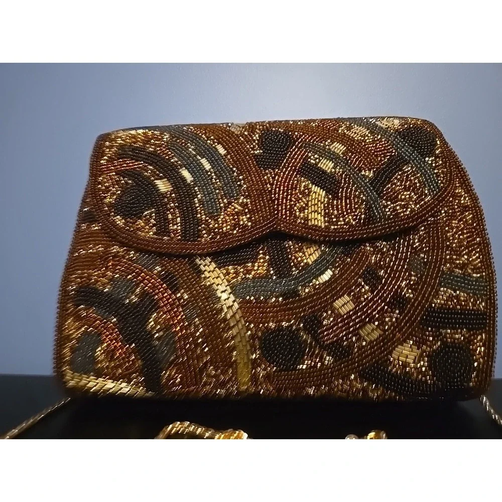 Beaded Evening Bag with Touches of Black Gold and Brown Manetic Closure Japan‎